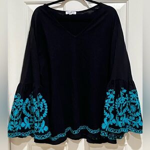 PERFECTLY PRISCILLA TURQUOISE EMBROIDERED BELL SLEEVES BLOUSE, WOMEN SIZE 2X